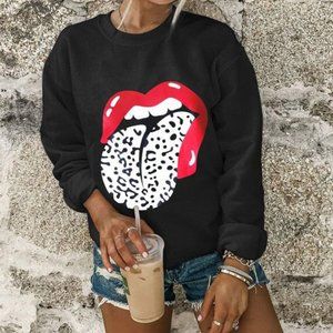 Lip Letter Print Long Sleeve Casual Sweatshirt